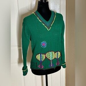 VTG 80 Handmade Green Knit Floral Embroidered LS Sweater Medium​​​​​​​​​​​​